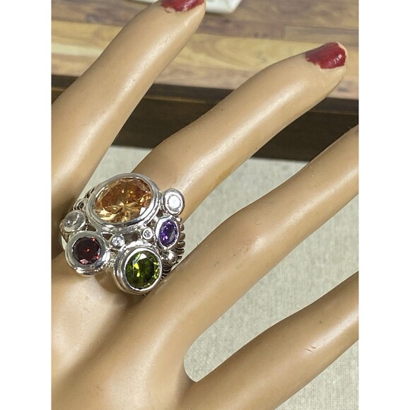 NWOT Bezel Set Multi Colored Cubic Zirconia CZ Silver Plated Ring SIZE 9 - Picture 1 of 7